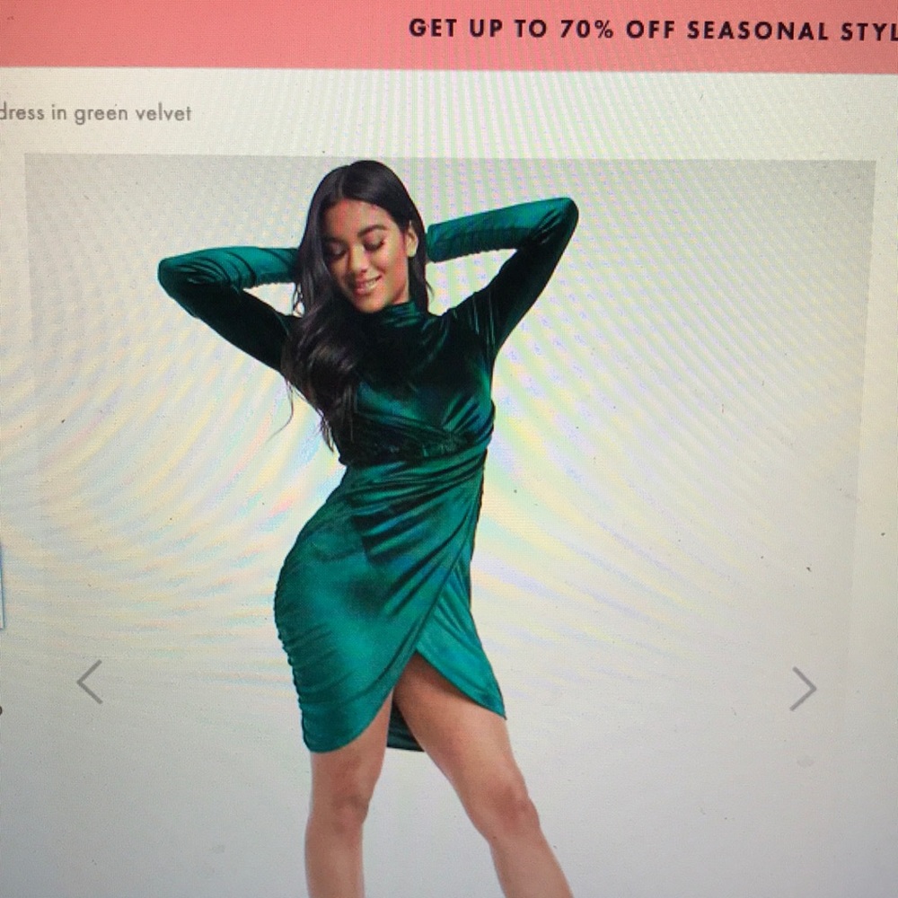Boohoo high neck ruched mini dress in green velvet